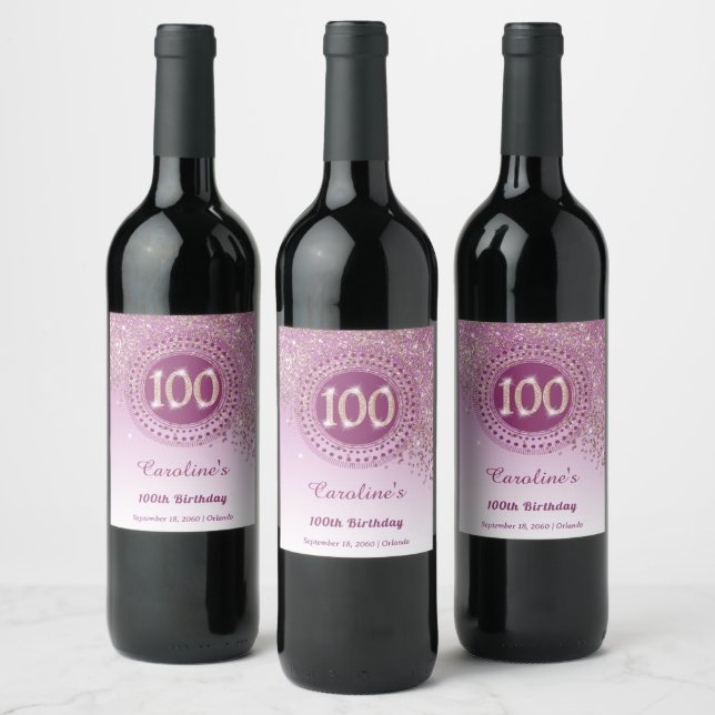 Stylish Falling Rose Gold Glitter 100th Birthday Wine Label (Bottles)