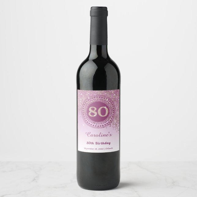 Stylish Falling Rose Gold Glitter 80th Birthday Wine Label (Front)