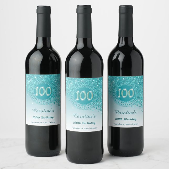 Stylish Falling Teal Blue Glitter 100th Birthday Wine Label (Bottles)