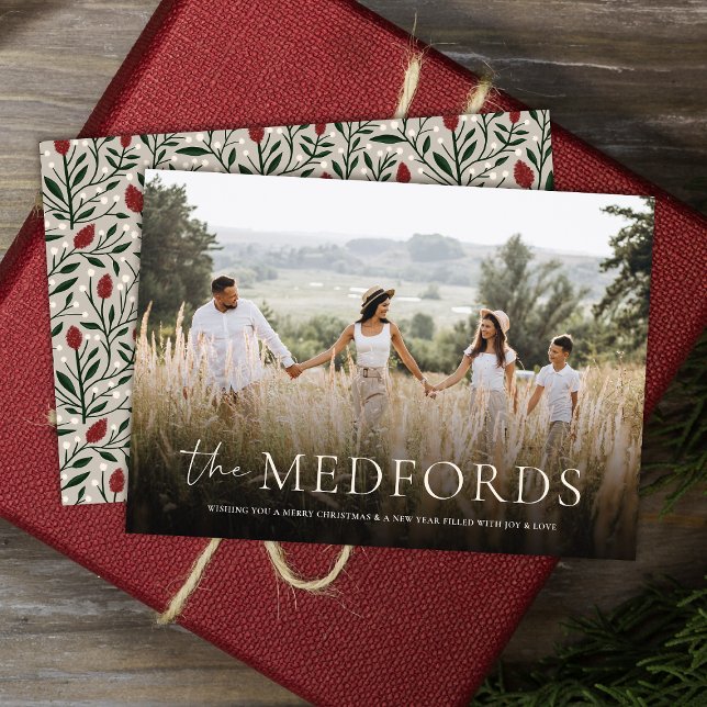 Stylish Family Name Elegant Floral Back Christmas Holiday Card (Creator Uploaded)