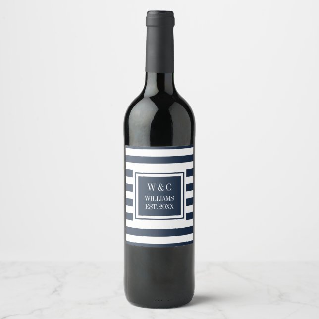 Stylish Family Name Monogram Navy Blue Stripe Wine Label (Front)