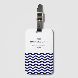 Stylish Family Vacation Navy Blue Tropical Waves Luggage Tag