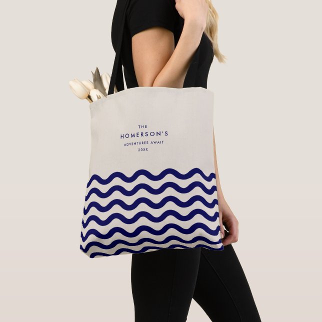 Stylish Family Vacation Navy Blue Tropical Waves  Tote Bag (Close Up)
