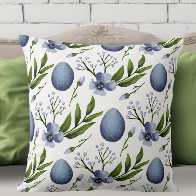 Stylish Farmhouse Blue, Green and White Floral  Cushion (Stylish Farmhouse Blue, Green and White Floral Throw Pillow)
