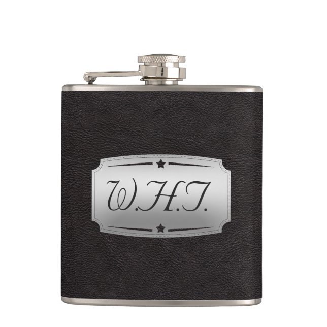 Stylish Faux Black leather Print Monogram Hip Flask (Front)