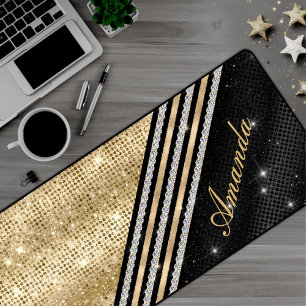 Stylish faux Crystal Gold And black faux glitter Desk Mat