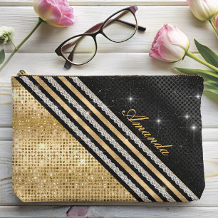 Stylish faux Crystal Gold And black Personalised Accessory Pouch