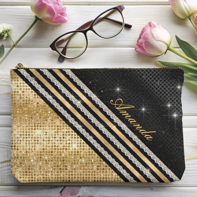 Stylish faux Crystal Gold And black Personalised Accessory Pouch (Creator Uploaded)