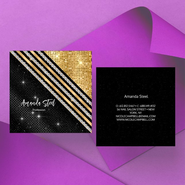 Stylish faux Crystal Gold And black Personalised B Square Business Card (Creator Uploaded)