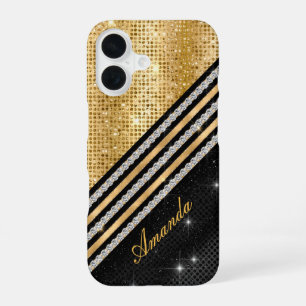 Stylish faux Crystal Gold And black Personalised iPhone 16 Case