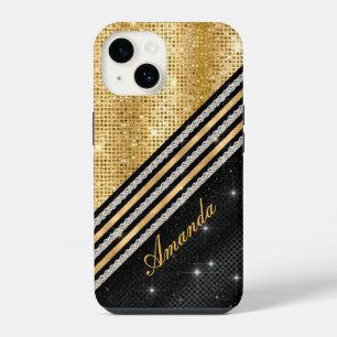 Stylish faux Crystal Gold And black Personalised iPhone 14 Case
