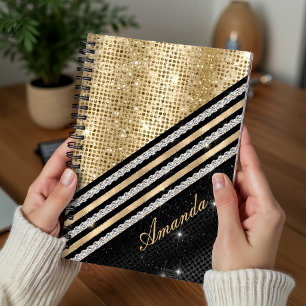 Stylish faux Crystal Gold And black Personalised Notebook