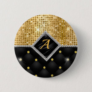 Stylish faux Crystal Gold black diamond monogram 6 Cm Round Badge