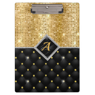 Stylish faux Crystal Gold black diamond monogram Clipboard