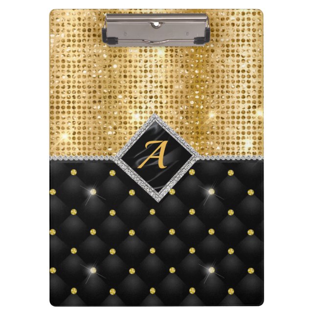 Stylish faux Crystal Gold black diamond monogram Clipboard (Front)