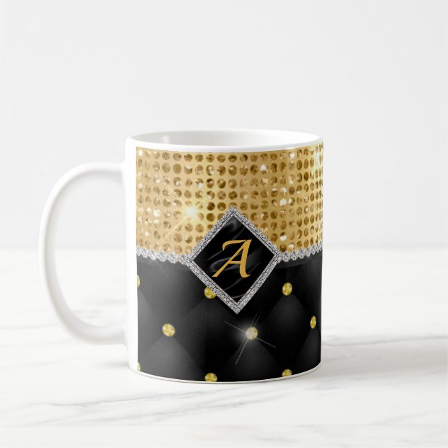 Stylish faux Crystal Gold black diamond monogram Coffee Mug (Left)