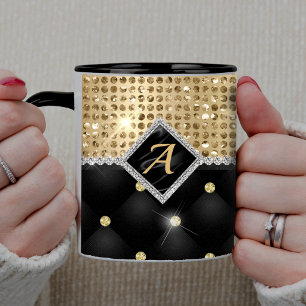 Stylish faux Crystal Gold black diamond monogram Coffee Mug