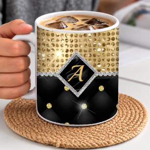 Stylish faux Crystal Gold black diamond monogram Coffee Mug