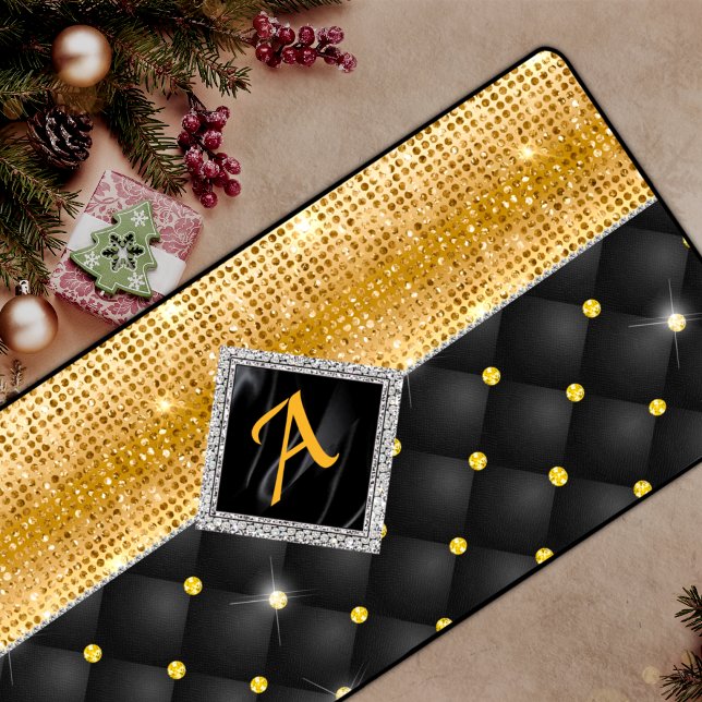 Stylish faux Crystal Gold black diamond monogram Desk Mat (Creator Uploaded)