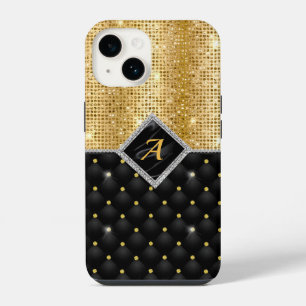 Stylish faux Crystal Gold black diamond monogram iPhone 14 Case