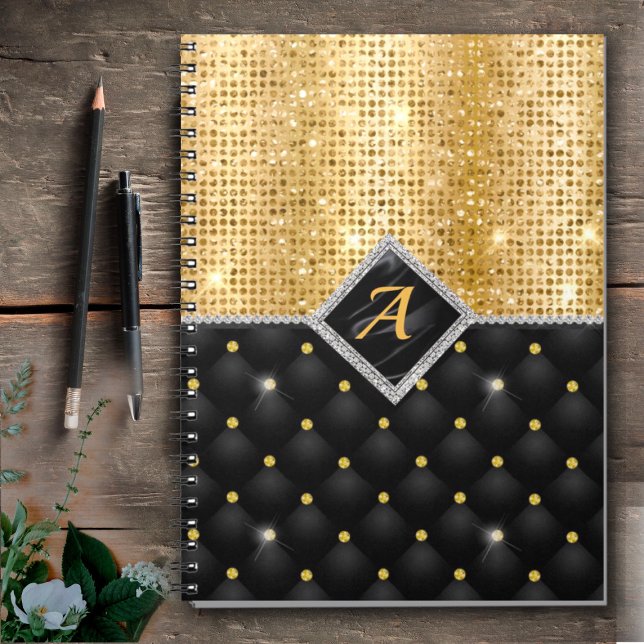 Stylish faux Crystal Gold black diamond monogram Notebook (Creator Uploaded)