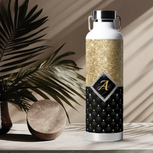 Stylish faux Crystal Gold black diamond monogram Water Bottle