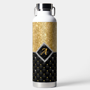 Stylish faux Crystal Gold black diamond monogram Water Bottle