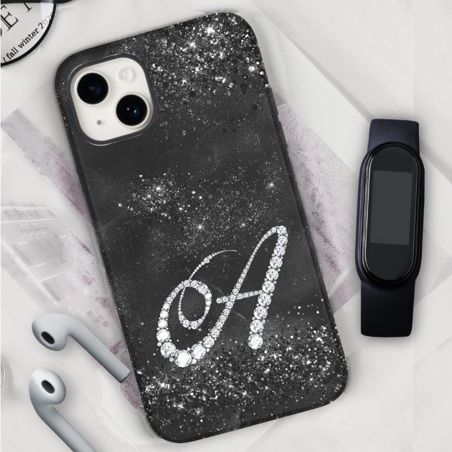Stylish faux Crystal rhinestone letter A black Case-Mate iPhone Case (Creator Uploaded)