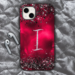 Stylish faux Crystal rhinestone letter I red black iPhone 15 Case
