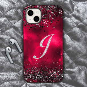 Stylish faux Crystal rhinestone letter J red black iPhone 15 Case