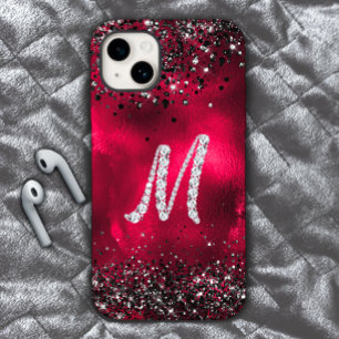 Stylish faux Crystal rhinestone letter M red black iPhone 15 Case