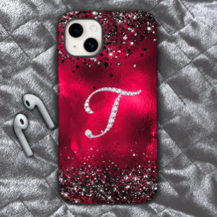 Stylish faux Crystal rhinestone letter T red black iPhone 15 Case