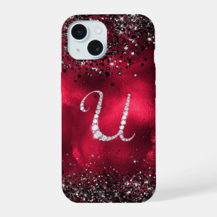 Stylish faux Crystal rhinestone letter U red black iPhone 15 Case
