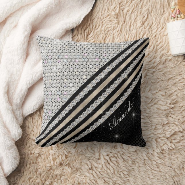 Stylish faux Crystal silver and black Personalised Cushion (Blanket)