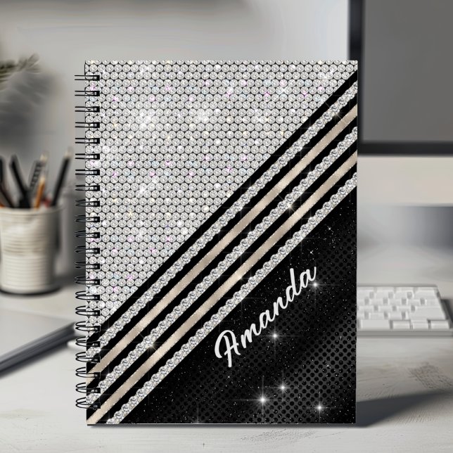 Stylish faux Crystal silver and black Personalised Notebook (Creator Uploaded)