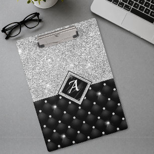 Stylish faux Crystal Silver black diamond monogram Clipboard