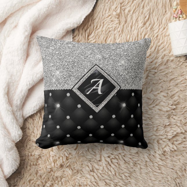 Stylish faux Crystal Silver black diamond monogram Cushion (Blanket)