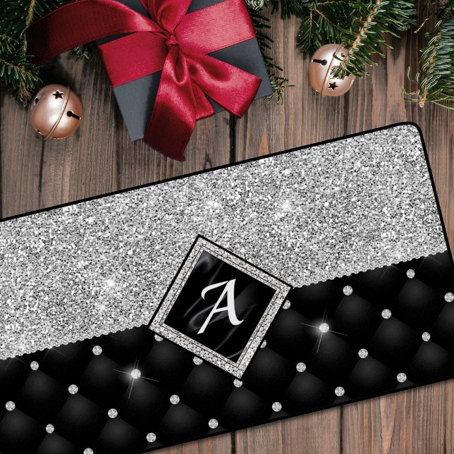 Stylish faux Crystal Silver black diamond monogram Desk Mat (Creator Uploaded)