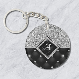 Stylish faux Crystal Silver black diamond monogram Key Ring