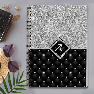 Stylish faux Crystal Silver black diamond monogram Notebook
