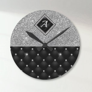 Stylish faux Crystal Silver black diamond monogram Round Clock