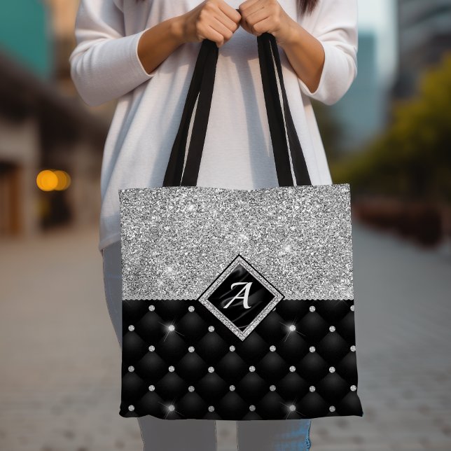 Stylish faux Crystal Silver black diamond monogram Tote Bag (Creator Uploaded)
