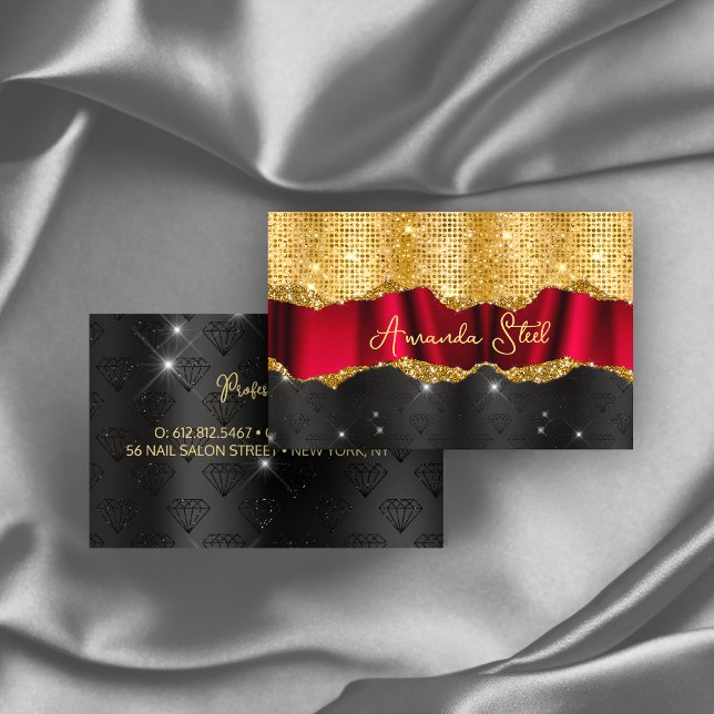 Stylish faux Glitter Red Gold black monogram  Busi Business Card (Creator Uploaded)