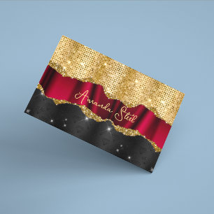 Stylish faux Glitter Red Gold black monogram Busi Magnetic Business Card