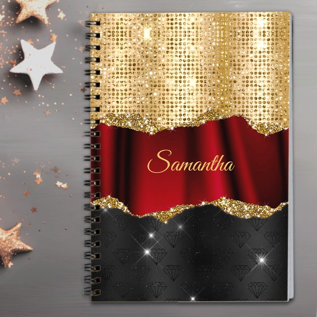 Stylish faux Glitter Red Gold black monogram Notebook (Creator Uploaded)