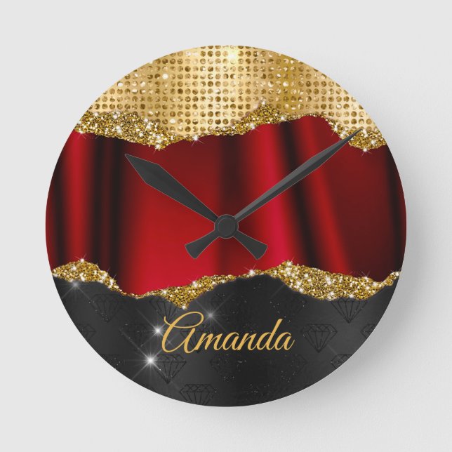 Stylish faux Glitter Red Gold black monogram Round Clock (Front)