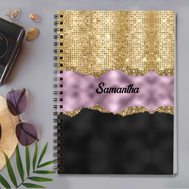 Stylish faux Glitter Violet Gold black monogram Notebook (Creator Uploaded)