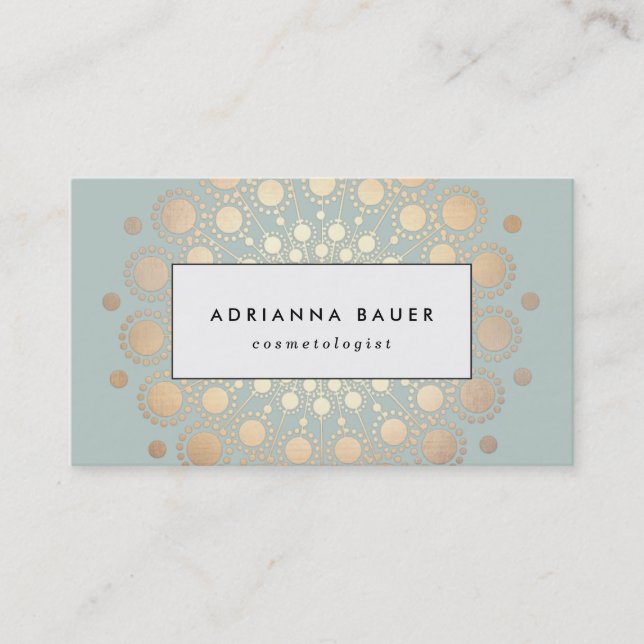 Stylish Faux Gold Foil Circle Motif Sage Blue Business Card (Front)