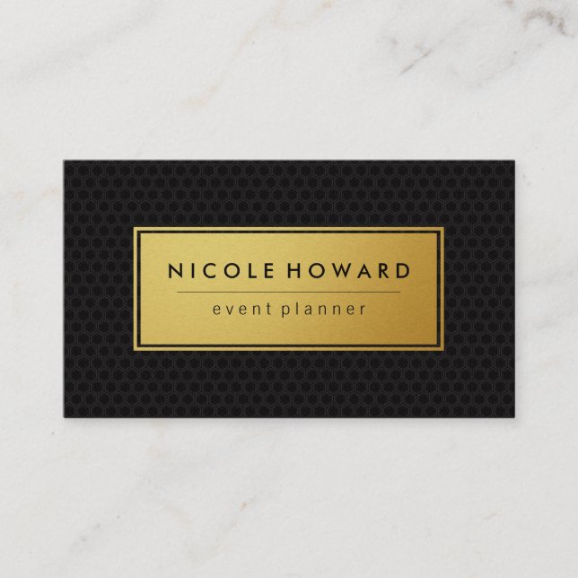 Stylish Faux Gold Frame Black Geometric Background Business Card (Front)