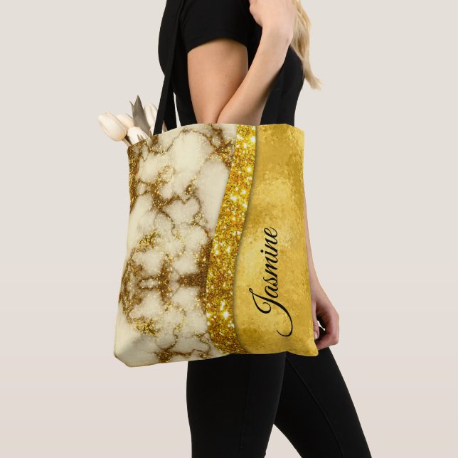 Stylish faux Gold glitter marble art Personalised Tote Bag (Close Up)